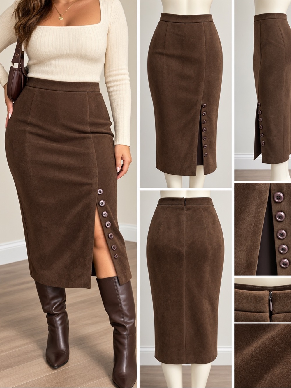 connected apparel Brown Button-Slit Pencil Skirt